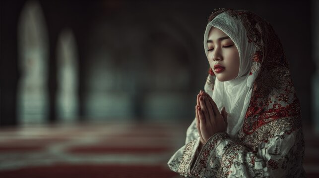A serene muslim woman in hijab praying inside a mosque with tranquil devotion and solemn reverence
