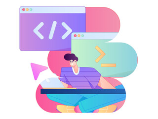 Obraz premium Programming teaching development flat character vector concept operation hand drawn illustration 