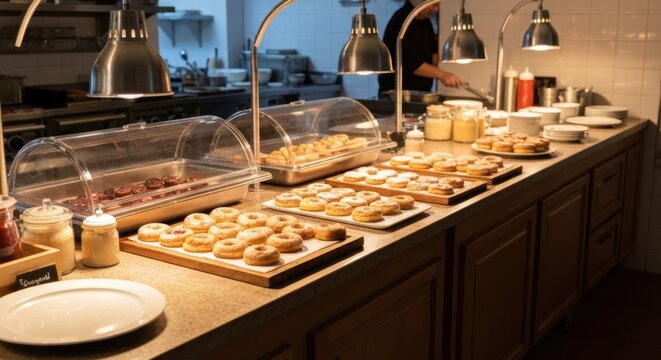 A breakfast buffet with donuts, bacon, and a cook in the background
