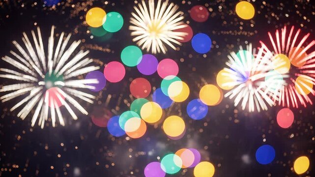 Bright fireworks display in night sky during Ganesh Visarjan festival. Glowing colorful bokeh lights and pyrotechnics explosion for traditional Hindu celebration.