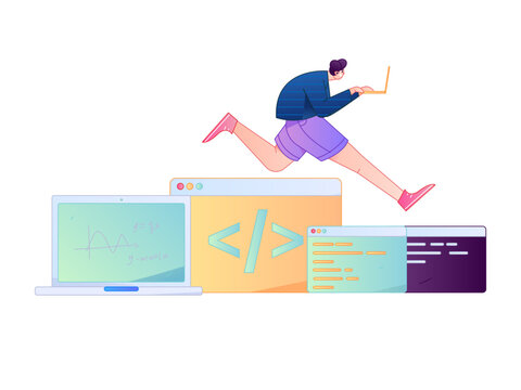 Programming teaching development flat character vector concept operation hand drawn illustration
