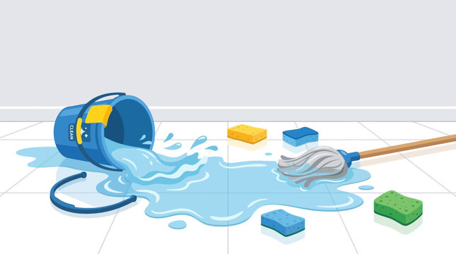 clean vector illustration of spilled cleaning water bucket with sponge and mop in flat style or water cleanup graphic with cleaning tools and mess cleanup illustration