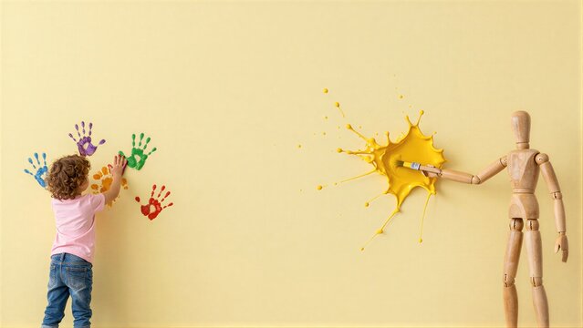 Child paints handprints; wooden mannequin splashes yellow paint on wall.