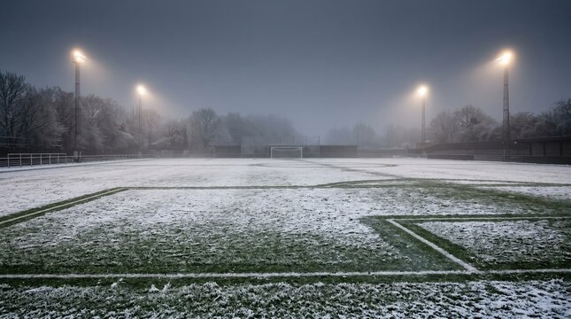 Snow covered soccer field with floodlights and fog