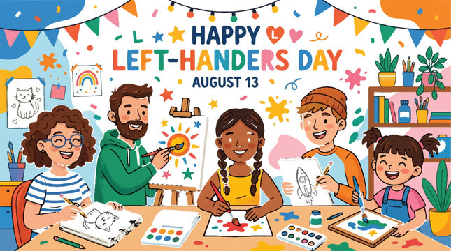 Left Handers Day, Happy Left-Handers Day, August 13, Left-Handed People Celebration, Colorful Illustration