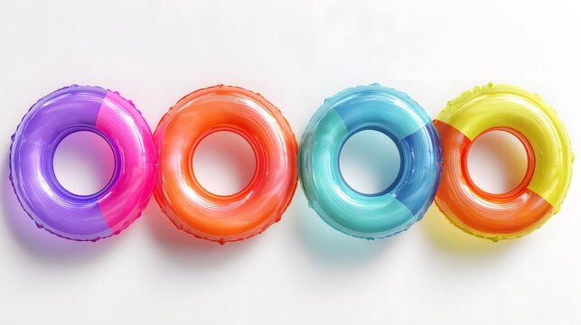 top view Set of colored inflatable swimming ring isolated on white