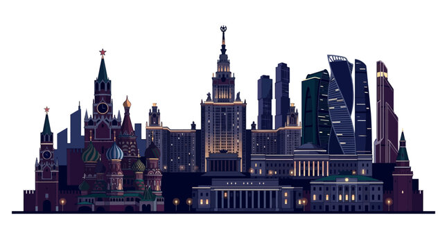 Night vector of Moscow skyline with Saint Basil's Cathedral, Kremlin walls, Stalinist skyscraper, and modern Moscow City financial district towers isolated on white background.
