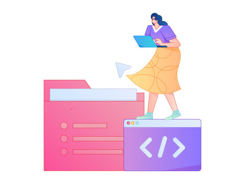 Programming teaching development flat character vector concept operation hand drawn illustration
