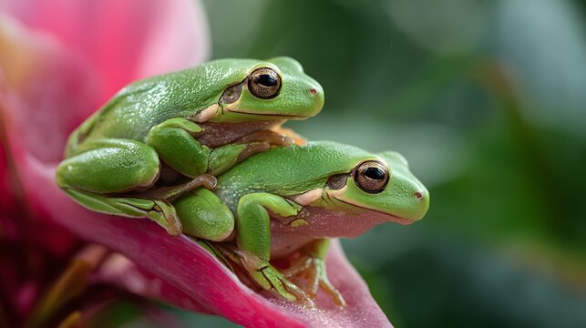 Two green frogs sitting on a flower
