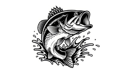Fototapeta premium Largemouth Bass Jumping Out of Water Vector Illustration, Black and White Fishing Sport Logo Design