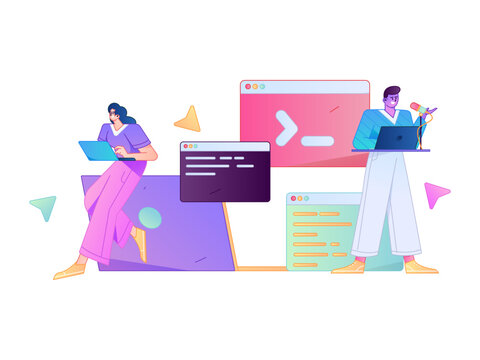 Programming teaching development flat character vector concept operation hand drawn illustration
