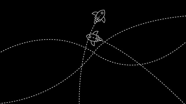 Minimalist rocket ship animation with dotted trajectory paths on black background, for startup growth, innovation, and space, exploration concepts