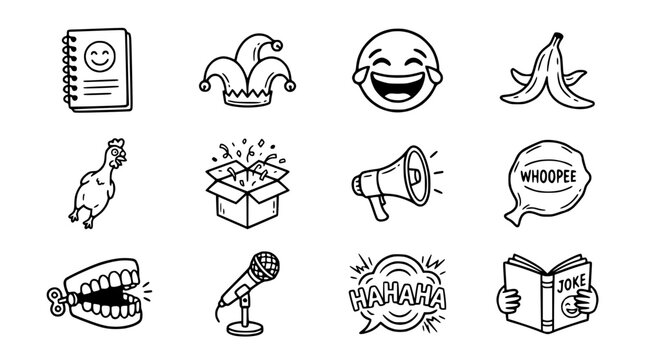 Humor Icons Collection: Joke, Laughing Face, Jester Hat, Megaphone, Banana Peel