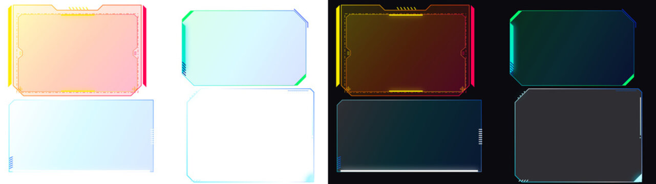 PNG image of Futuristic HUD frame collection, 8 neon glowing UI border elements, sci-fi digital screen interface set, colorful tech display boxes isolated on Transparent Background