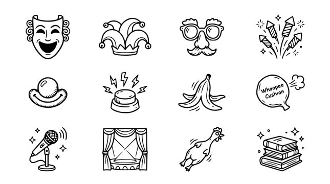 Comedy and Fun Icons: Jester Hat, Mask, Banana Peel, Whoopee Cushion, Mic, Stage