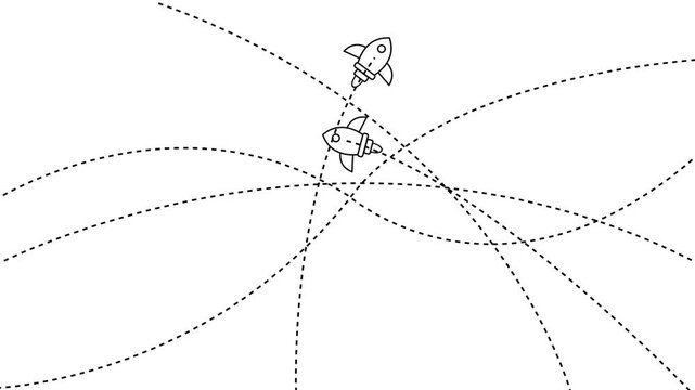 Minimalist rocket ship animation with dynamic dotted trajectory paths on white background, for tech and, business growth concepts