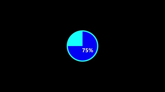 Glowing Cyan Blue Circular Progress Animation 75 Percent 4K Loop Alpha Channel Modern Loading Indicator Neon Accent Dark Background.