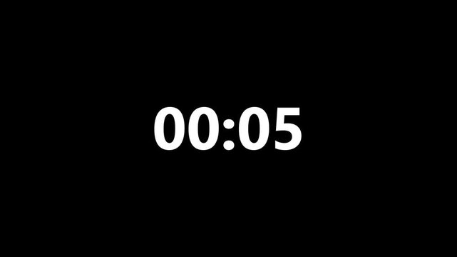 Digital countdown timer clock with white sans-serif numbers on black background, for broadcast and, presentation transitions