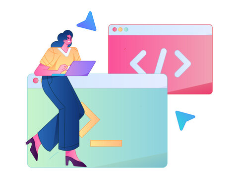 Programming teaching development flat character vector concept operation hand drawn illustration
