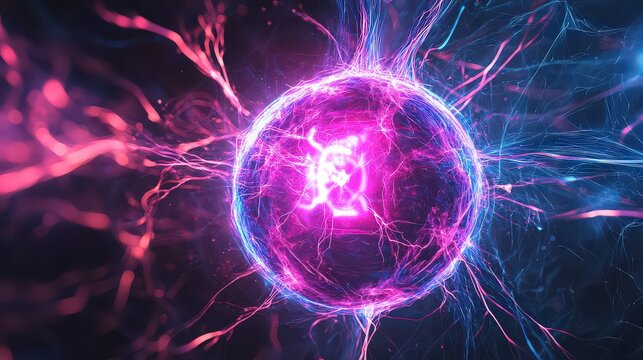 Abstract energy sphere with glowing pink and blue plasma lightning tendrils radiating outward in a dark cosmic space background