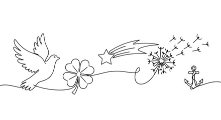 Continuous line drawing: dove, four-leaf clover, shooting star, dandelion, anchor symbols © Lancar