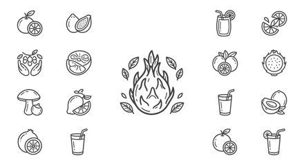 Fototapeta premium Black line art fruit and drink icons.