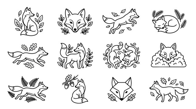 Collection of cartoon fox line art.