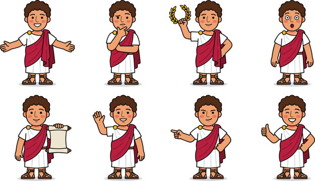 Ancient Roman Cartoon Character Vector Set with Greek Emperor Poses for History Education, Mascots, and Presentation Designs