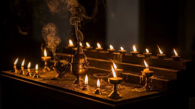 Burning oil lamp and glowing incense burner on wooden stand. Rows of traditional dia lit for Dussehra festival celebration. Spiritual ritual lighting for prayer.