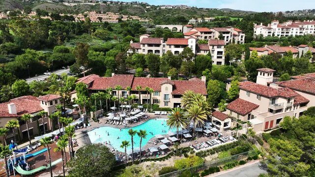 A Resort as seen from a UAV Aerial Drone showing the surrounding areas at the resort in Newport beach near the Pacific Coast