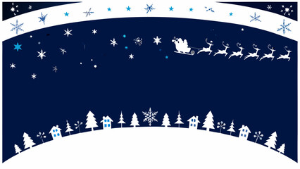 Winter scene with santa claus reindeer and village silhouettes against a navy background © Parul