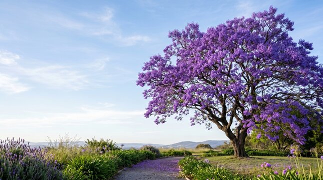 Blooming purple jacaranda tree beside a peaceful lake under a blue sky