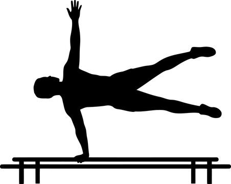 Silhouette of a gymnast performing a side plank on parallel bars with one arm raised