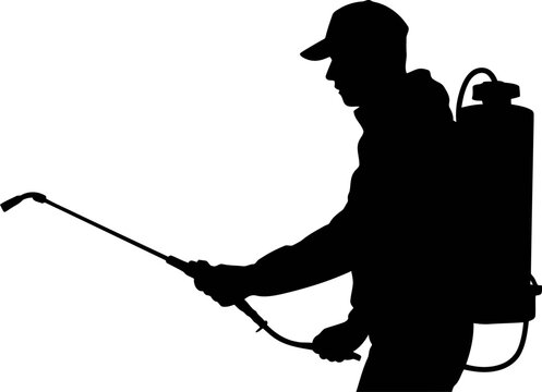 Silhouette of a man wearing a cap spraying with a backpack sprayer on white 