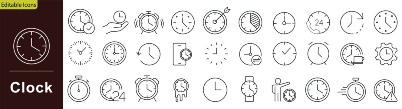 Clock icon set. Containing time measurement, watch hour, deadline alert, second counter, and reminder schedule. Editable stroke. Vector illustration