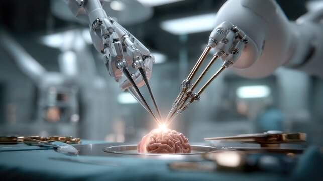 Robotic Surgery Precision: A cutting-edge robotic surgical system performs a delicate procedure on a human brain, showcasing advanced technology in medical innovation.