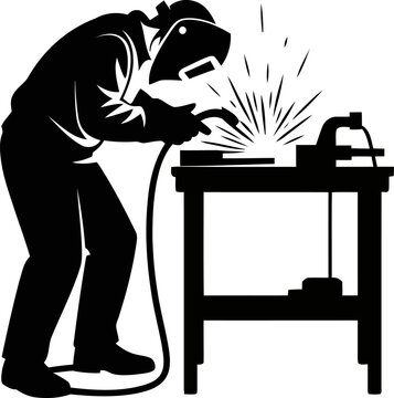 Silhouette of a welder working on a workbench with sparks flying on a white background