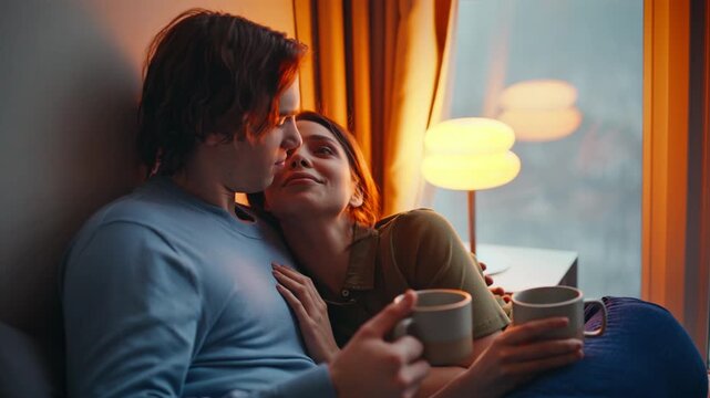 Relaxed pair bonding bed drinking hot tea closeup. Carefree spouses holding cups