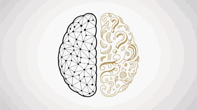 Stylized brain with geometric left hemisphere and ornate right hemisphere with question marks