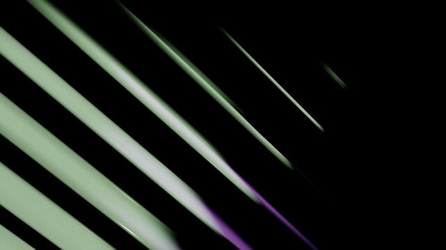Abstract purple green cylinders crossing diagonally in dark spatial environment with glossy futuristic vibe