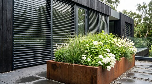 Modern house exterior with rusty steel planter box filled with white hydrangea flowers and grass
