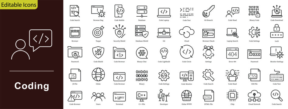Coding icon set. Containing programming, software development, code script, algorithms, developer tools, and computing. Editable stroke. Vector illustration