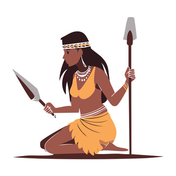 Tribal female warrior with spear and axe illustration
