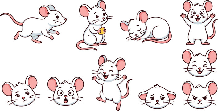Cute White Mouse Cartoon Character Vector Set with Expressive Facial Poses for Kids Storybook Designs