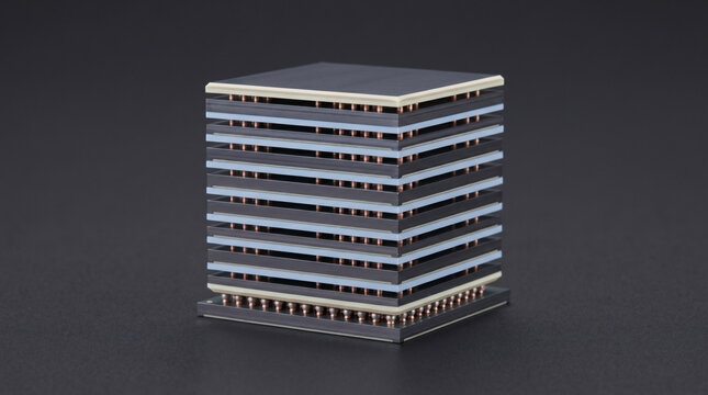Abstract metallic cube model on dark background