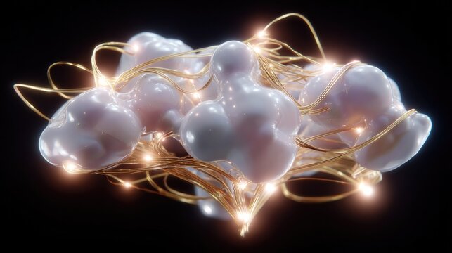 Abstract Organic Forms: A surreal cluster of glossy, organic shapes entwined with glowing golden threads, suggesting a connection between the tangible and intangible.