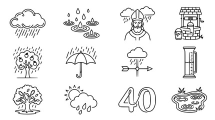 Fototapeta premium Weather Icons Set: Rain, Clouds, Umbrella, Apple Tree, Well, Puddles, Meteorologist, Gauge