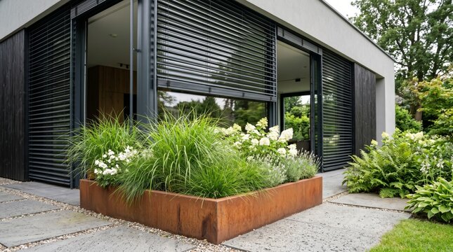 Modern villa exterior with corten steel planter box filled with lush green grass and flowers