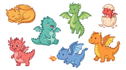 Obraz premium Set of colorful cute baby dragons in playful poses, cartoon fantasy creatures on white background
