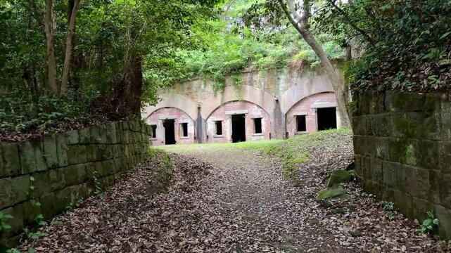 Himegamiyama Battery Ruins featuring historic red brick military barracks on Tsushima Island, Nagasaki Prefecture, Japan.